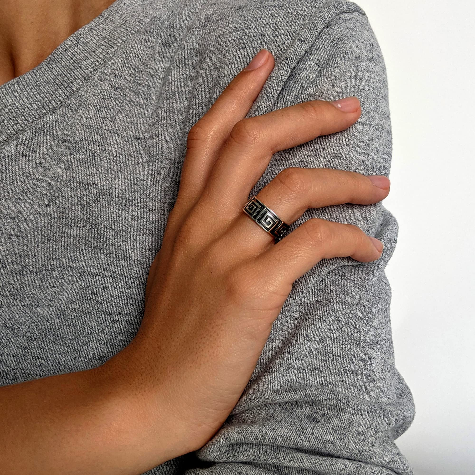 Silverly Anillo de Llave Griega de 8mm en Plata de Ley 925 para Mujer | Anillos Gruesos para Hombre | Anillos de Boda con Diseño Clásico Griego | Joyería Geométrica Estilo de la Antigua Grecia