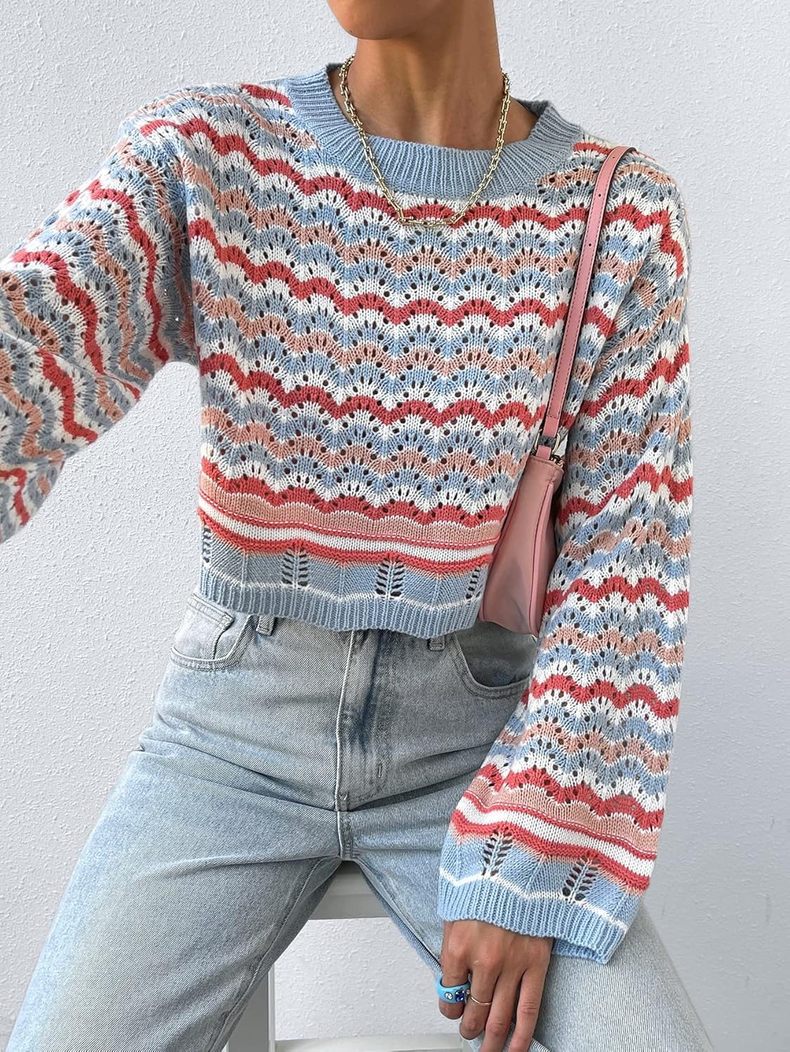 Women's Sweater Chevron Pattern Pointelle Knit Drop Shoulder Sweater Sweater for Women (Color : Multicolor, Size : Medium)