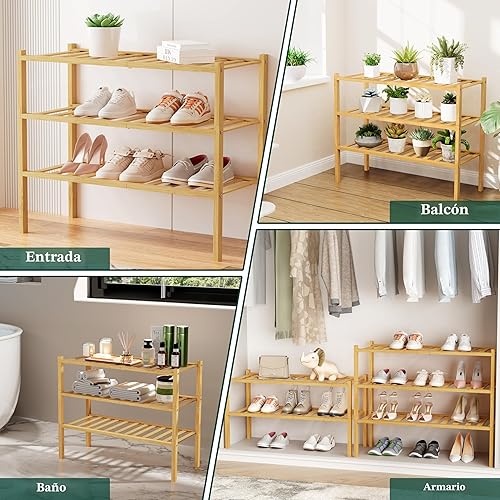 Miniatura 7 de Smiry Zapatero, organizador de zapatos de bambú de 3 niveles, apilable, estante de almacenamiento de zapatos de madera para armario, entrada,