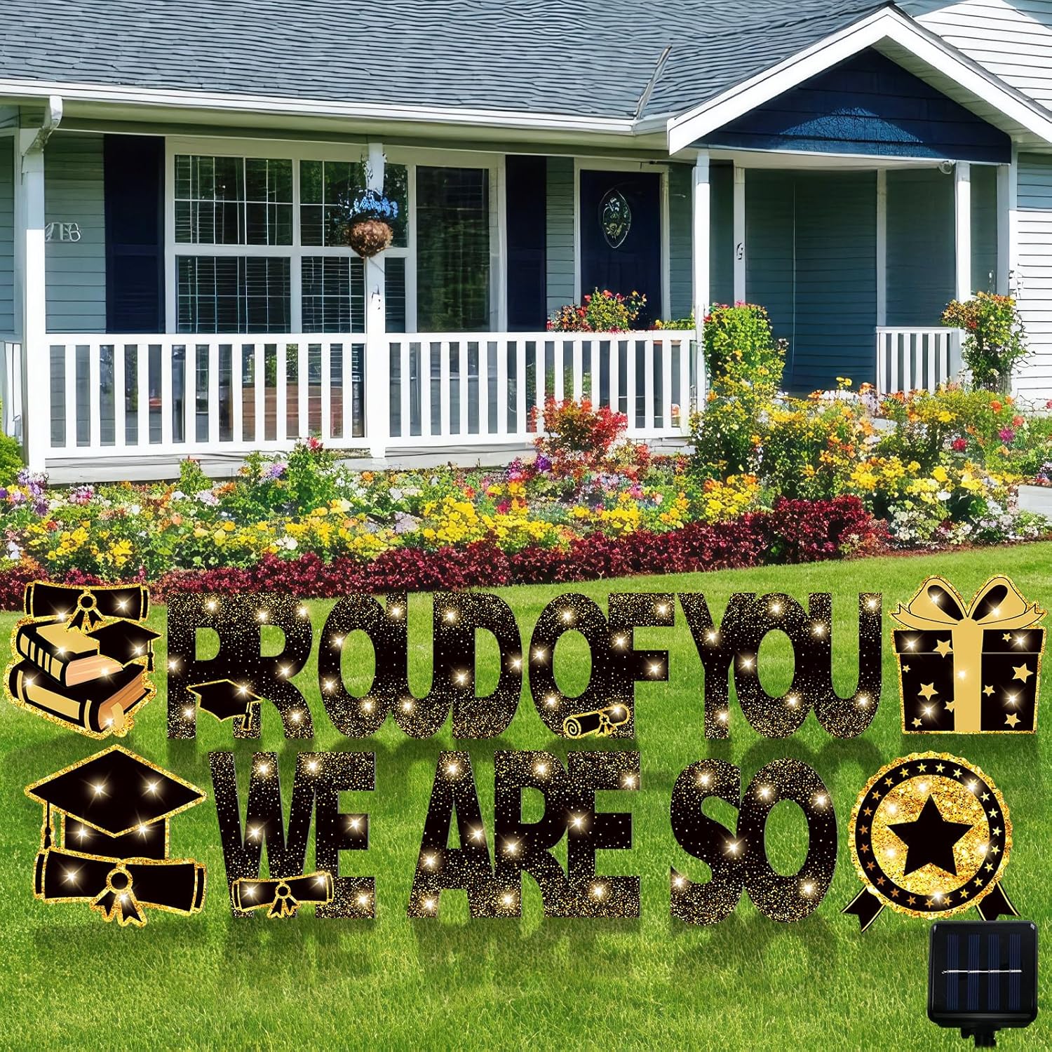 11 Pcs Solar Stake Light 2026 Graduation Yard Sign Decorations Black and Gold Congrats Grad Lawn We Are So Proud of You Outdoor Yard Sign for College High School Graduation Party Decoration