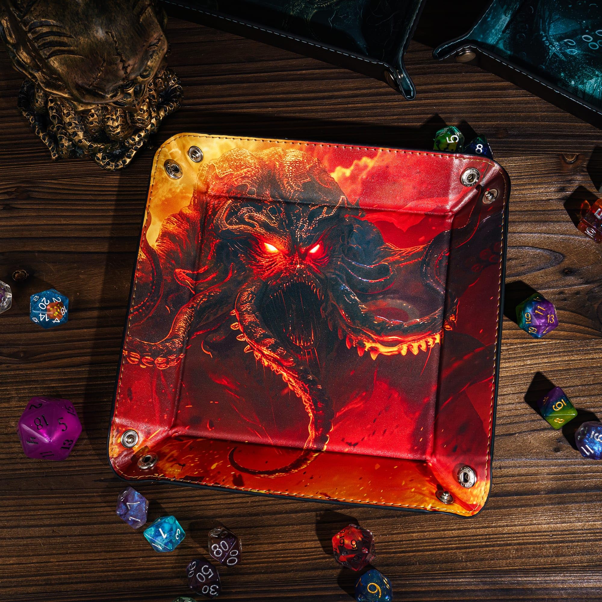 Cusdie PU Leather Dice Tray Square Tray for Dice Rolling and Storing Small Items - Cthulhu Design, Red Cthulhu - Image 4