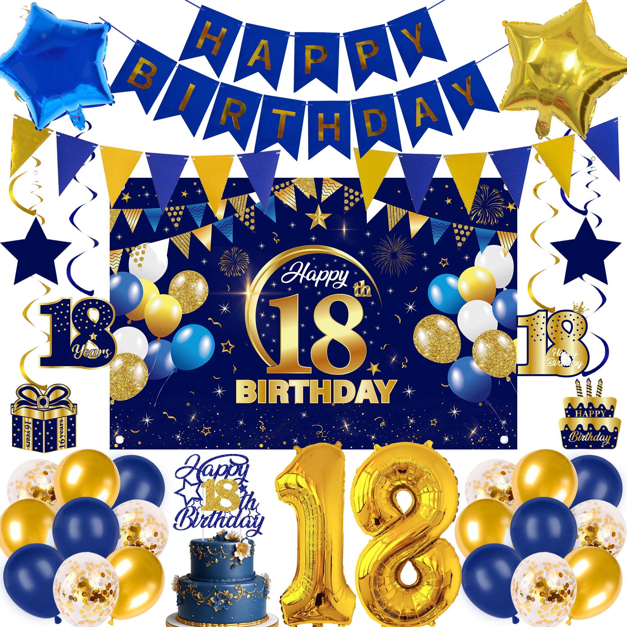 18th Birthday Decorations Balloons Banner - 33 Pcs Blue Gold Banners Foil Balloons Number 18 Star Backdrop Hanging Swirls Cake Topper for Boys Girls 18 Year Old Party Decor Supplies