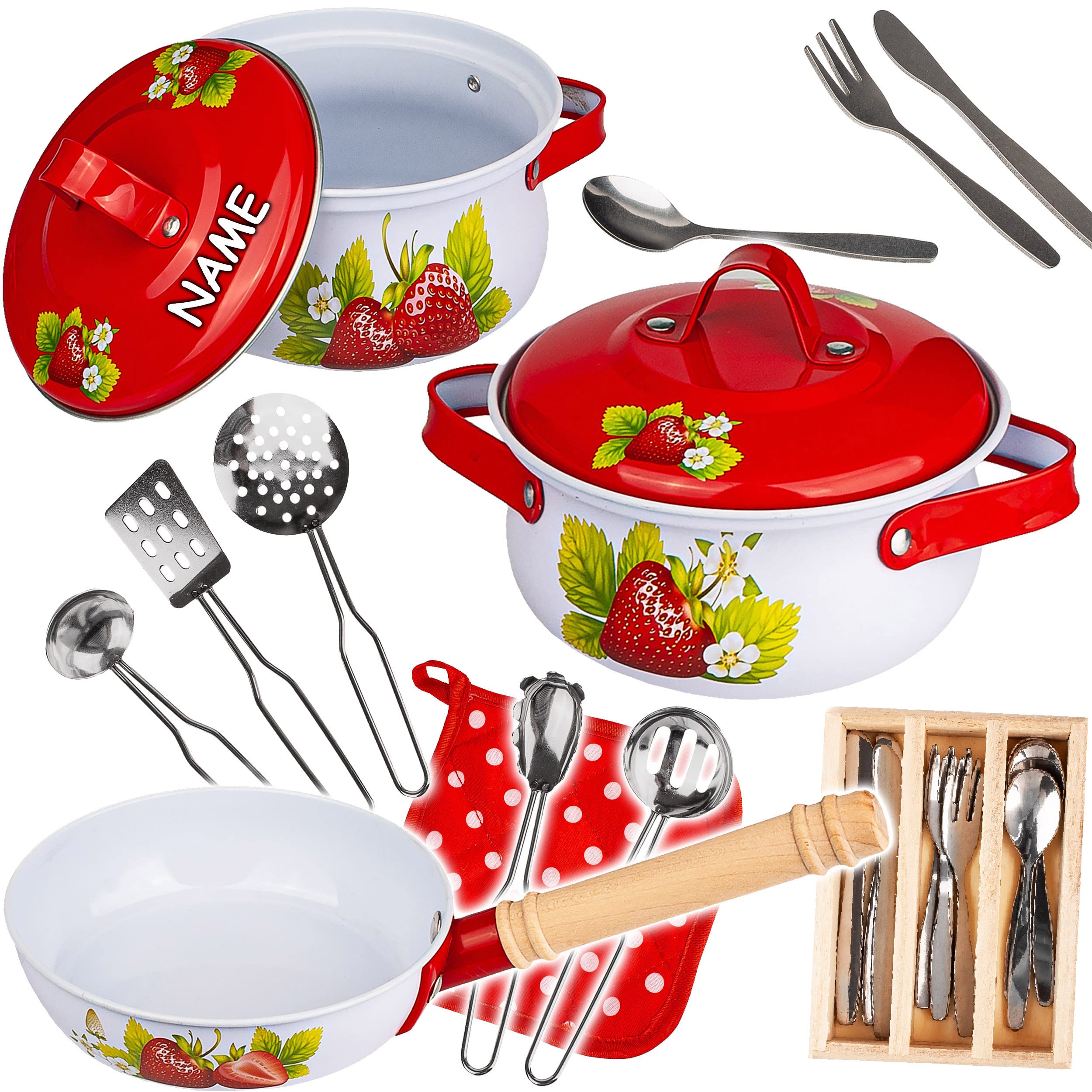 alles-meine.de GmbH 24 TLG. großes Set Kochset & Topfset - Puppengeschirr/Kochtopfset - Erdbeere - aus Metall/Emaille - echte Blech Töpfe/Panne + Küchenhelfer - Kochgesch..