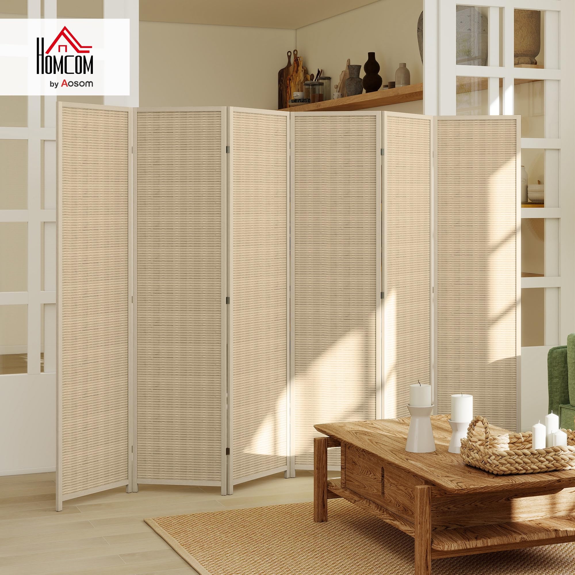 HOMCOM Paravento da Interno a 6 Ante Pieghevole Colore Naturale | Altezza 180cm, in Legno e Bambù, Separé Divisorio Ambienti Salvaspazio, Stile Boho