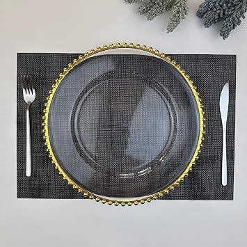 100 Pcs Clear Round Charger Plates 13 Inch Plastic Dinner Charger Plates Decorative Charger Service Plates with Beaded Rim for Wedding Birthday Party Events Dinner Table Decoration Gold