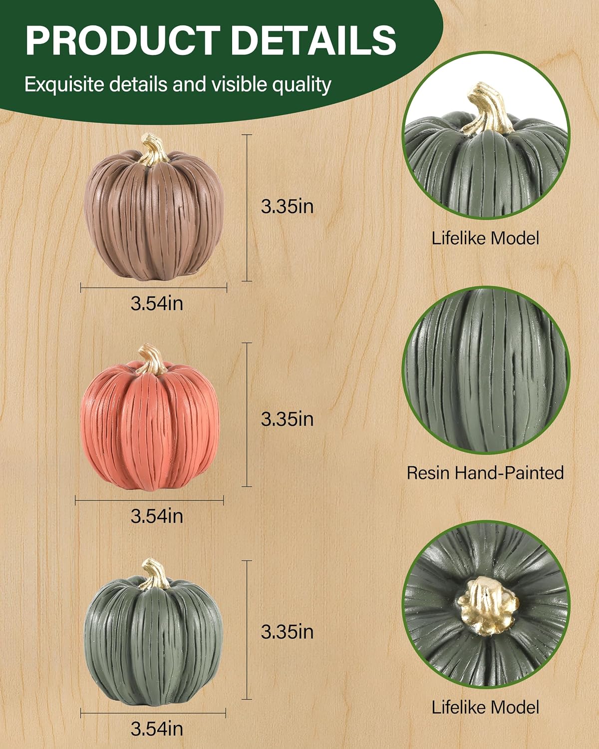 GoGnome Set of 3 Mini Resin Pumpkins – Hand-Painted Fall Harvest Table Decorations in Brown, Orange & Green, 3.5” Autumn Décor for Thanksgiving Day Farmhouse Styling (Multicolor) image 3
