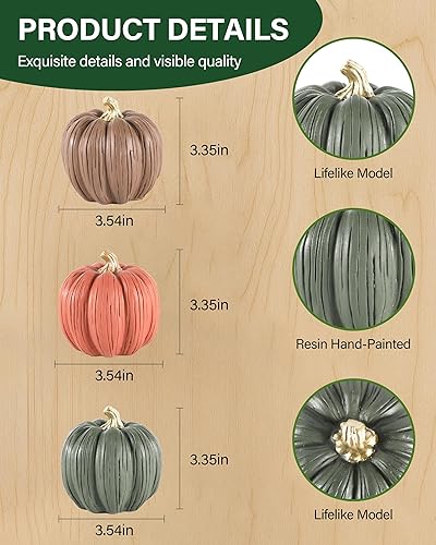 Miniatura 3 de Juego de 3 mini calabazas de resina Decoración de mesa de cosecha de otoño pintadas a mano en marrón, naranja y verde, decoración de otoño de 3.5