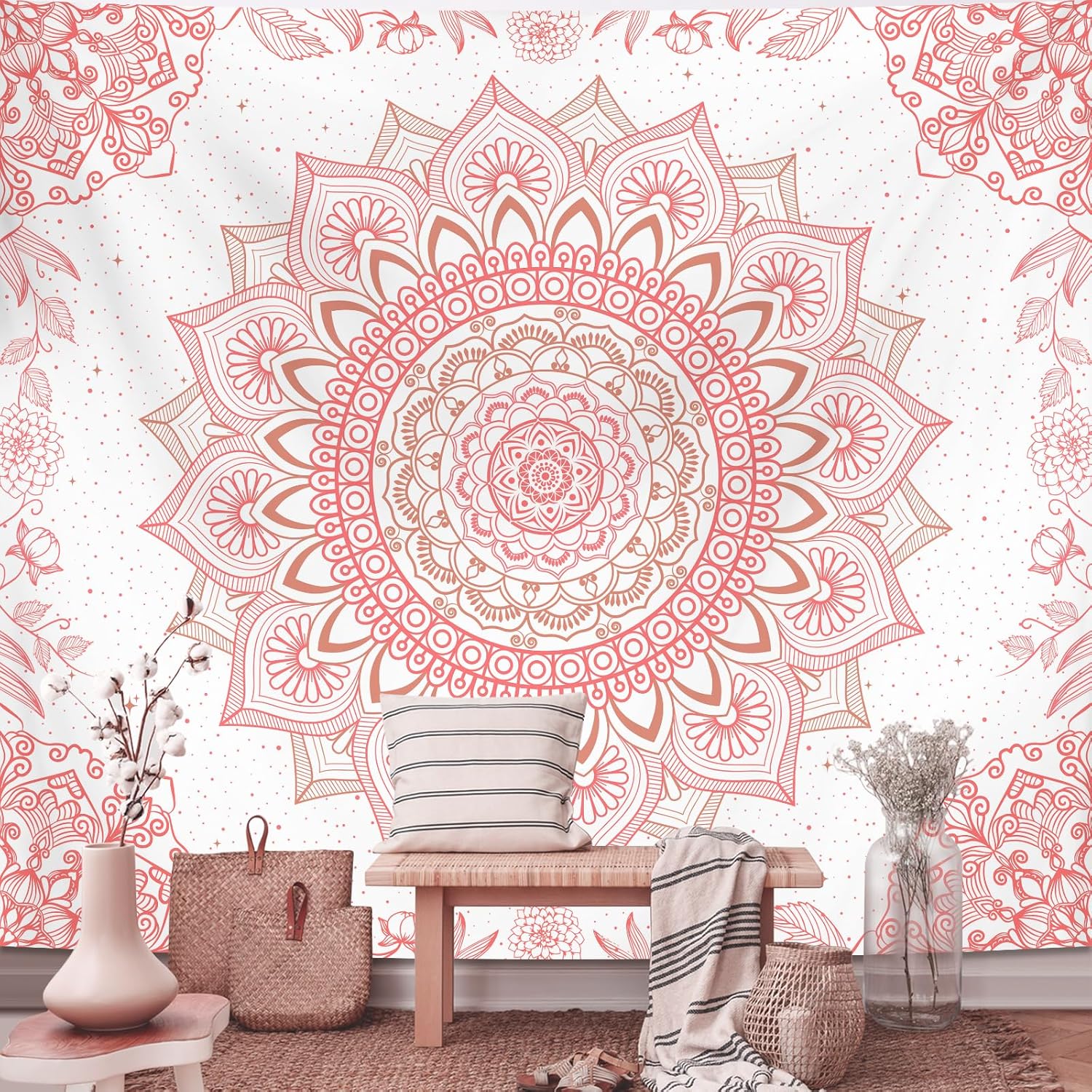 Apdidl Pink Boho Wall Tapestry for Bedroom, Mandala Hippie Cute Floral Tapestries Teen Girl Room Decor, Bohemian Pink and White Poster Wall Hanging Art Aesthetic for Living Room Dorm 71"X90"