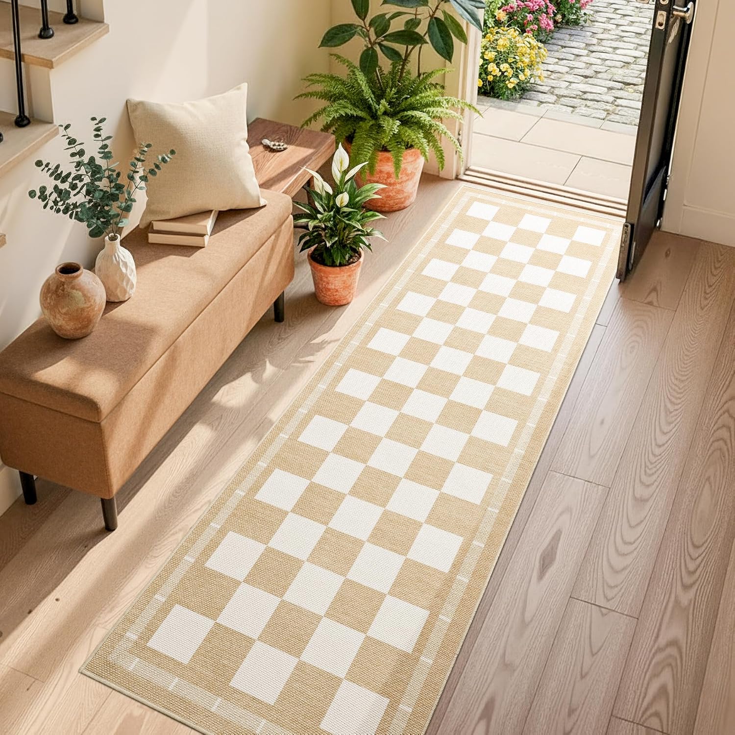 Vasofe 2x6 Runner Rug for Hallway, Washable Checkered Jute Rugs, Outdoor Indoor Patio Porch Balcony Bedroom Kitchen Laundry Geometric Mat, Non Slip Plaid Farmhouse Design Carpet, Khaki and White