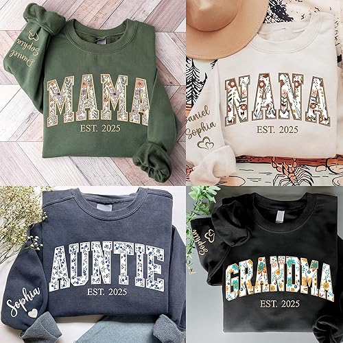 Miniatura 3 de UrbanNEST Sudadera Personalizada con Apliques Bordados Florales Mama para Mujeres, Regalos Personalizados de Mama de los Nietos, Suéter de Mamá,