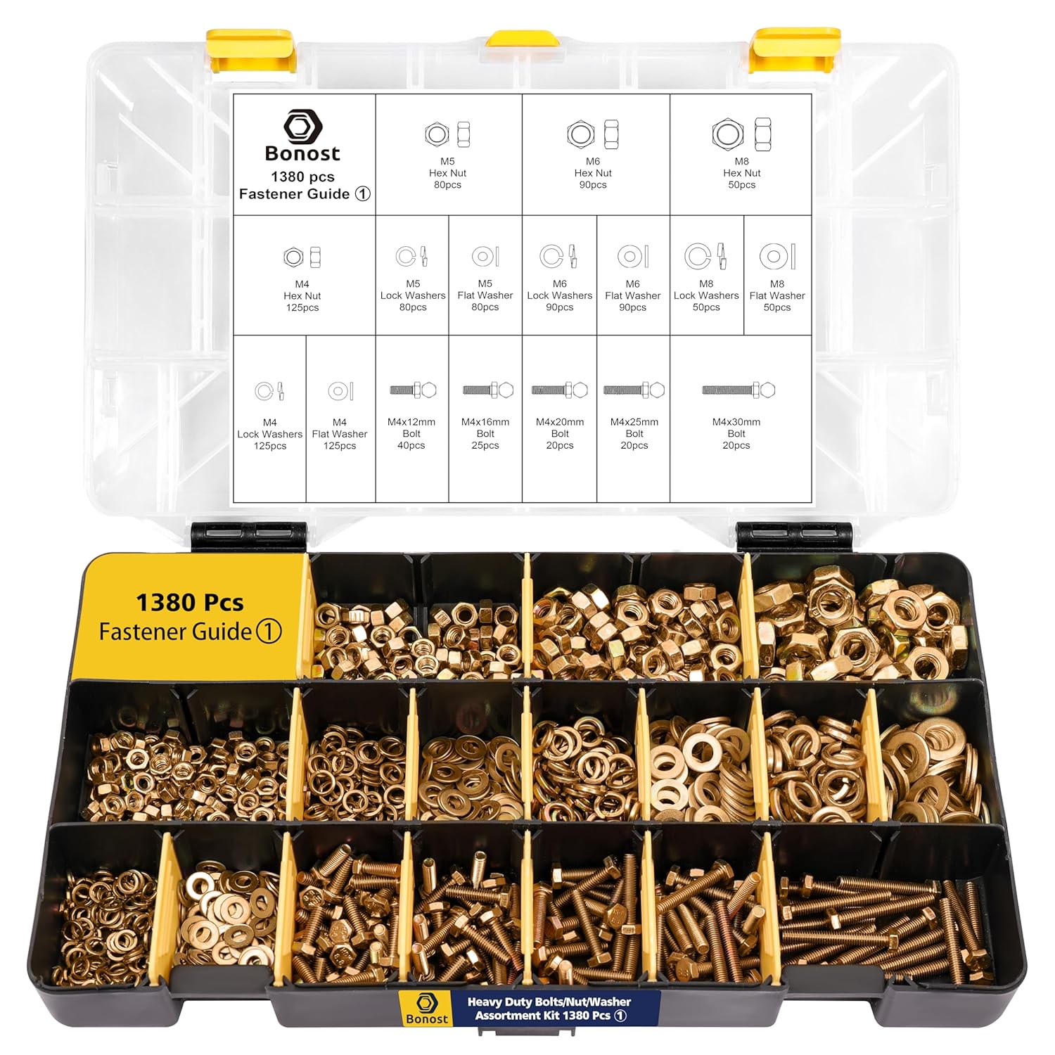 Bonost 1380pcs Nuts and Bolts Assortment Kit - Heavy Duty Grade 8.8 Metric M4 M5 M6 M8 Bolt Set with Assorted Nuts and Washers, Yellow Zinc Plated, Length from 12-30mm