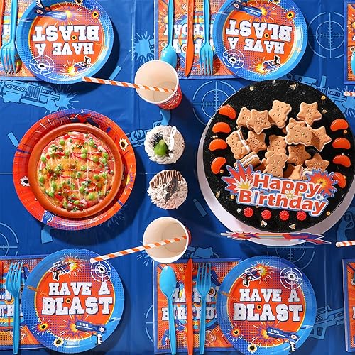 Miniatura 5 de Chengu Suministros de decoración de fiesta de cumpleaños de Dart Battle incluyen fondo temático de arma, mantel de dardos, kit de globos, tazas,