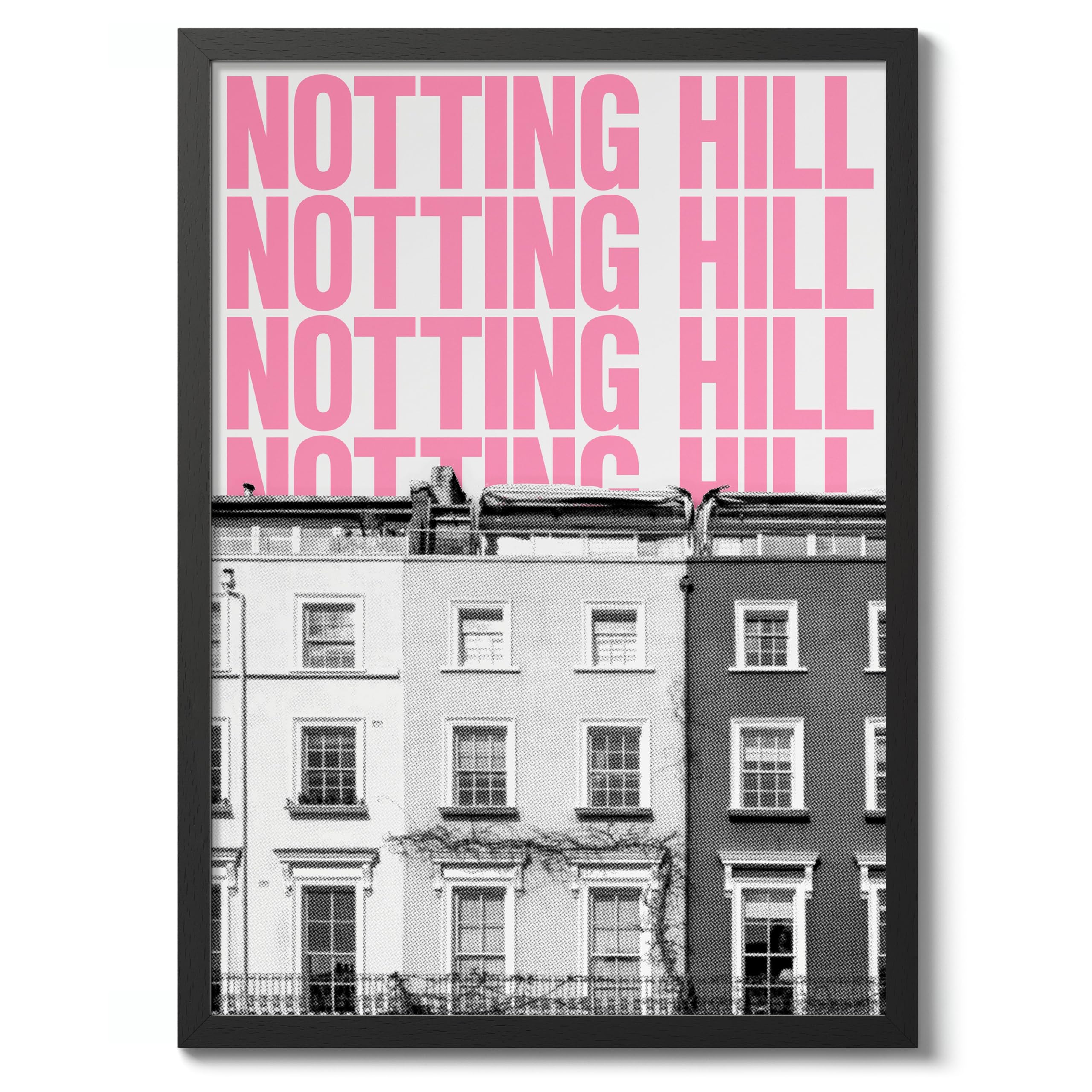 Notting Hill, London London Travel Poster, Colourful Typographic Trendy Design Print, Bedroom Wall Art Home Decor, Archival Matte, A1 (Black Frame) - 84.1x59.4cm