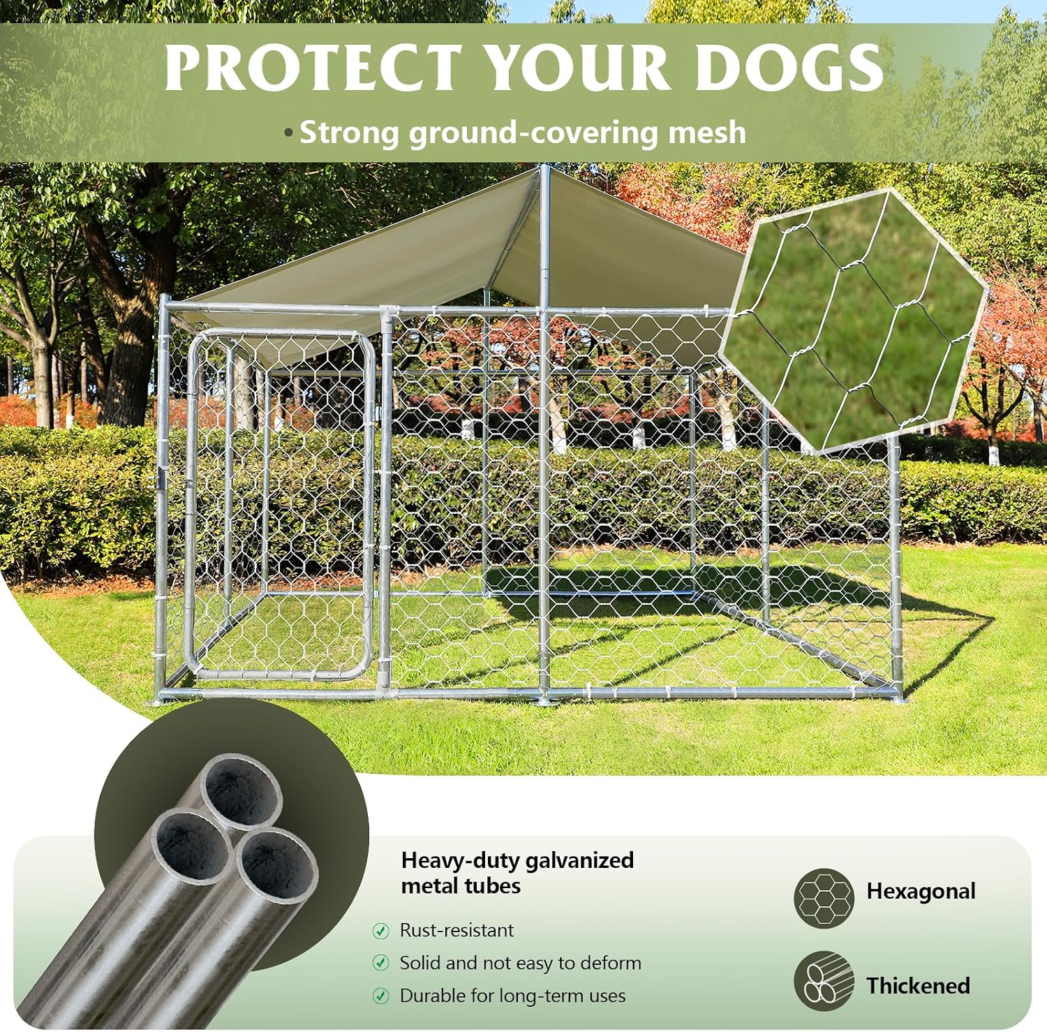 Grepatio Outside Dog Kennel with Waterproof, Outdoor Large Dog Enclosure, Heavy Duty Dog Run Cage, Galvanized Steel Dog Kennel with Secure Lock (7.5'x7.5'x5.3')