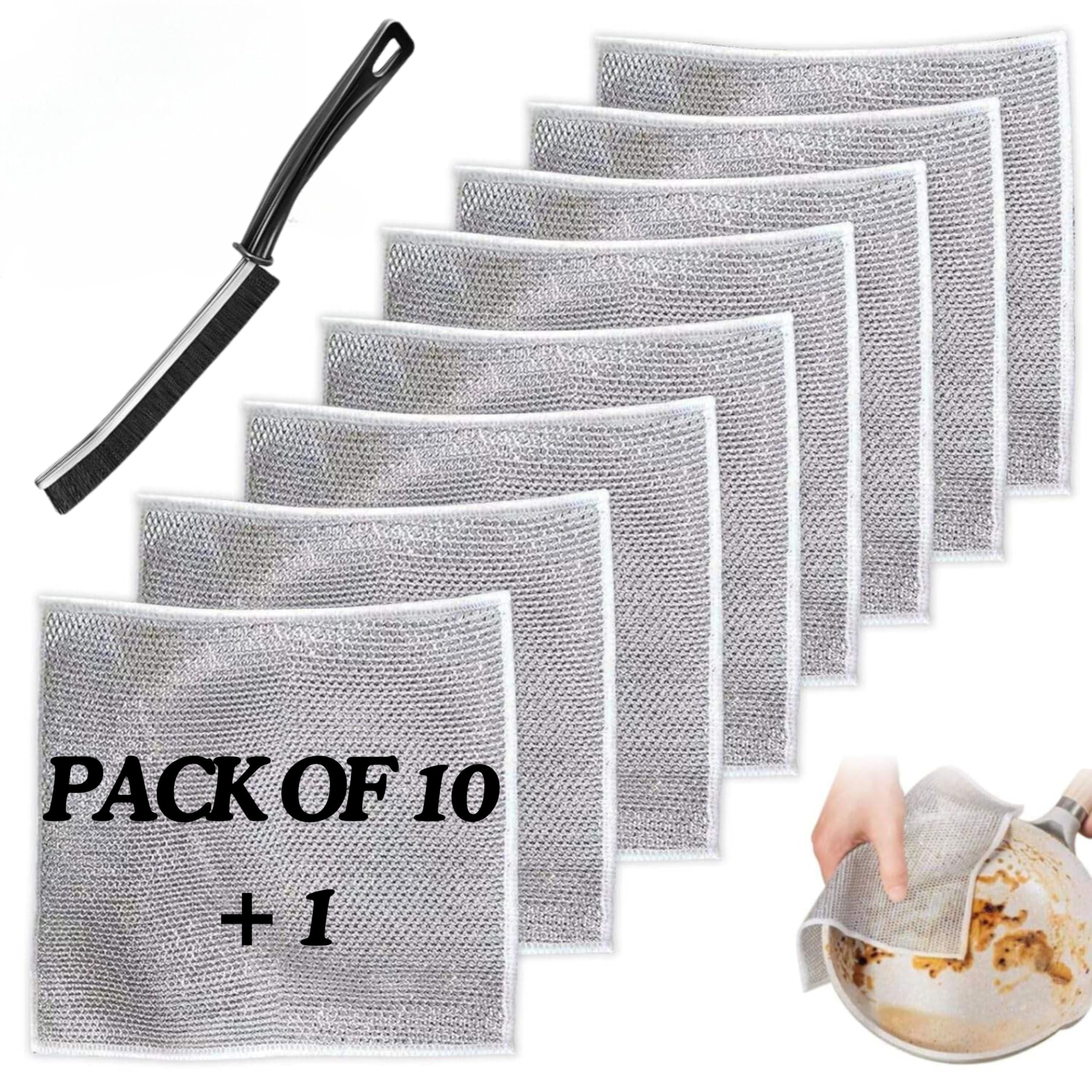 The Black Kite Non Scratch Wire Dishwash Cloth Pack of 10 & Gap Cleaning Brush for Kitchen, Easy Rinse, Reusable Stainless Steel Scrubber for Pots, Pans, Sinks, Kitchen Counters, Fruits, Vegetables (B0D2CWMDPQ) Amazon Price History, Amazon Price Tracker