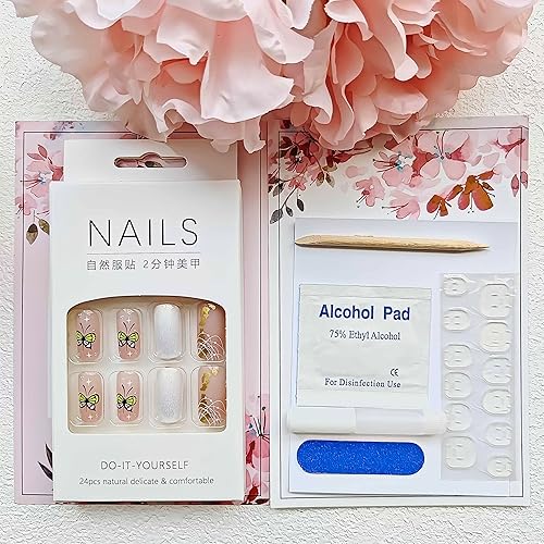 Miniatura 6 de Uñas postizas francesas medianas blancas a presión, uñas postizas acrílicas con diseños de mariposas coloridas, uñas con pegamento, uñas