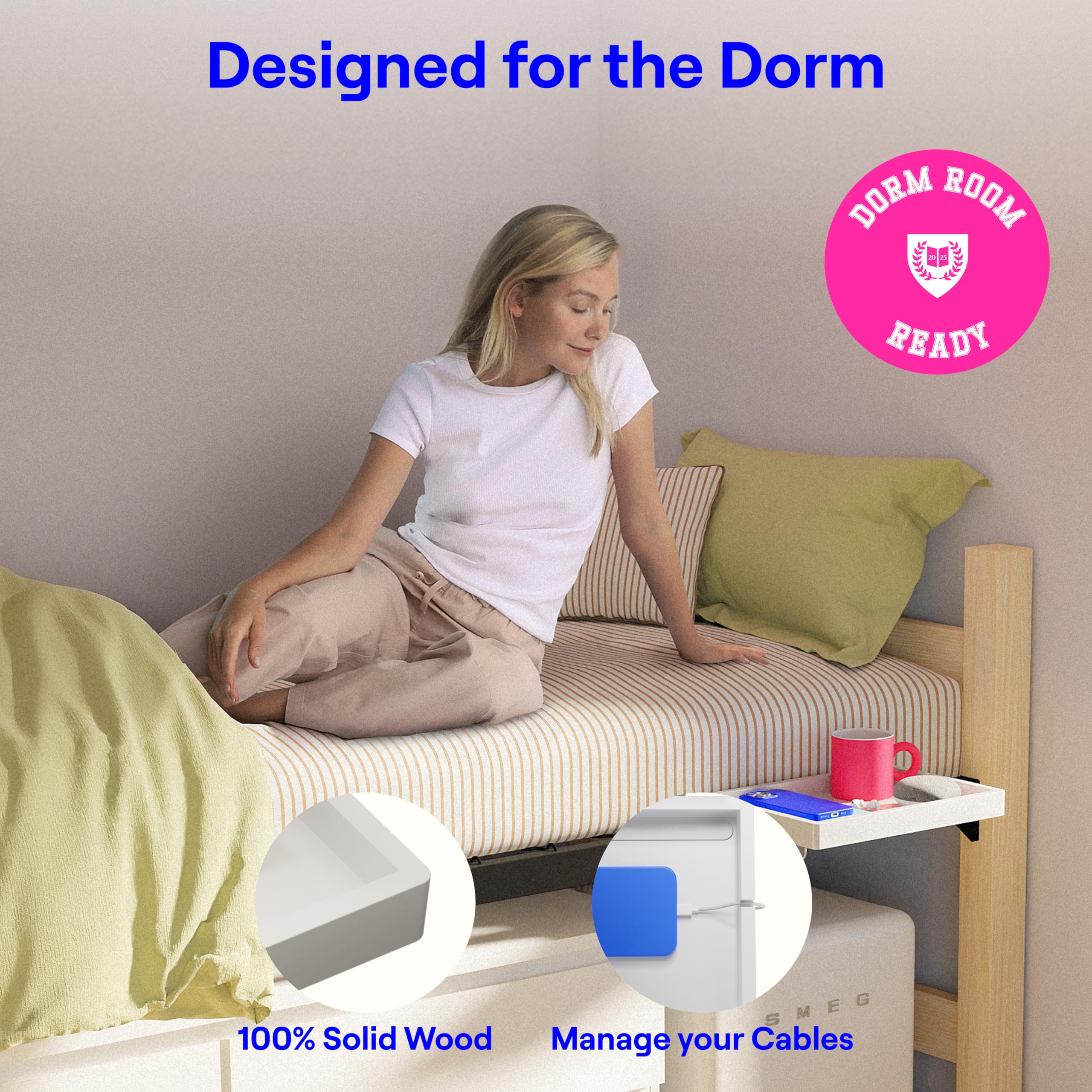 BedShelfie Étagère de Chevet pour Lit, Table de Nuit Suspendue, Accessoires Essentiels pour Dortoir Universitaire, Table de Chevet à Suspendre de Loft, Plateau de Lit (Modèle Flexfit, Blanc)