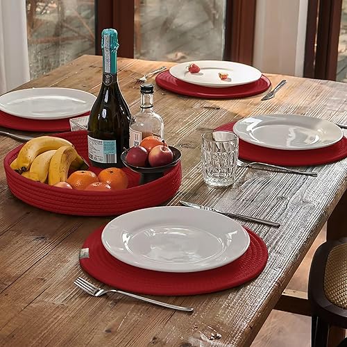 Miniatura 2 de Juego de 4 manteles individuales redondos, cargadores de cuerda de algodón tejida con tapete rojo para platos llanos, antideslizantes, resistentes