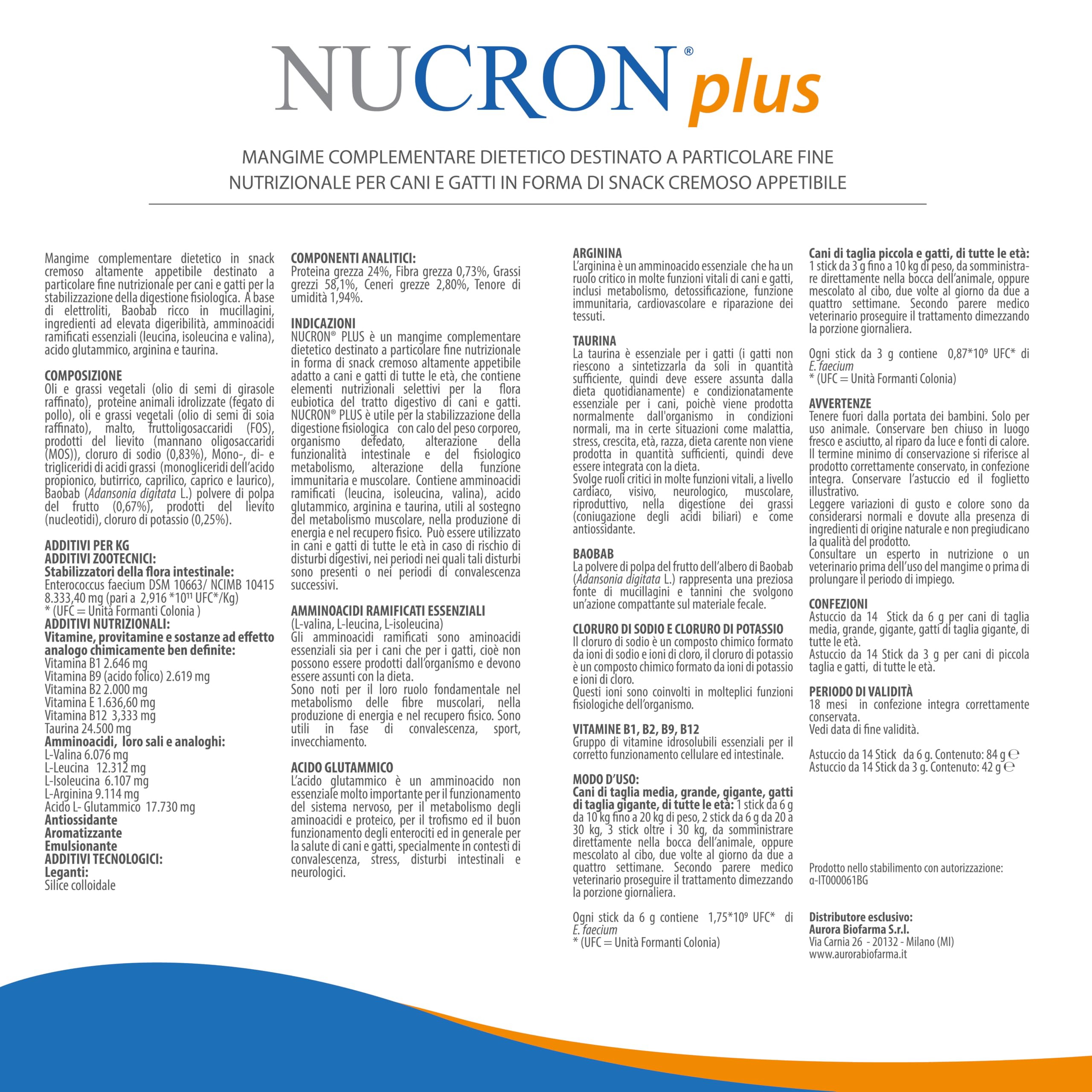 Nucron Plus Mangime Complementare per Gatti e Cani Piccoli, 14 Stick da 3g | Aminoacidi ramificati, arginina, taurina, baobab, probiotico e vitamine B. 1 stick 2 volte al giorno da 10 a 20 kg.