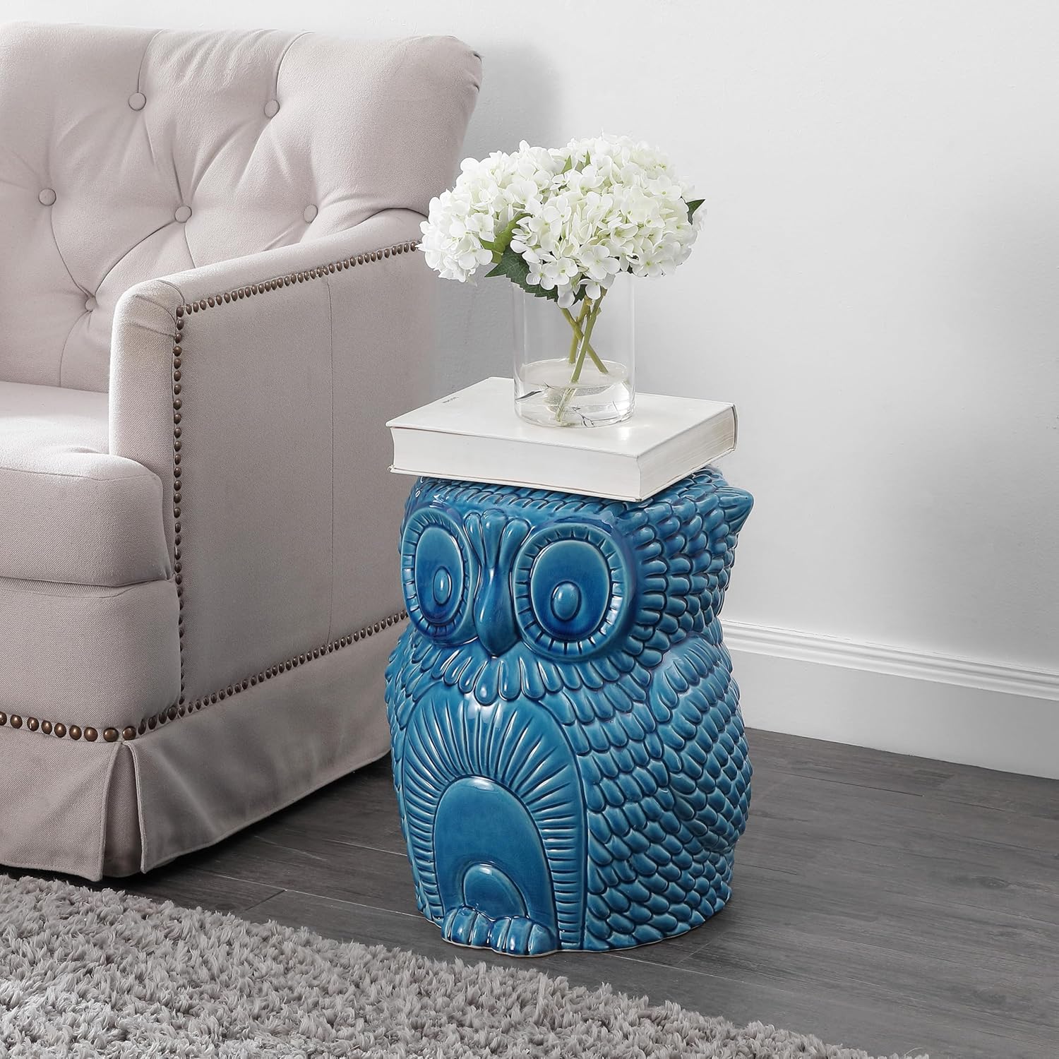 JONATHAN Y TBL1035B Millie 17.5" Classic Vintage Ceramic Indoor/Outdoor Owl Garden Stool, Bohemian, Coastal, Cottage, Traditional, Spill-Proof, Living Room, Garden Room, Patio, Blue Cracks