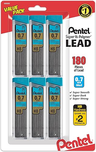 Pentel Super Hi-Polymer Recambios, 0.028 in Mediano, HB, 180 piezas de plomo (C27BPHB6)