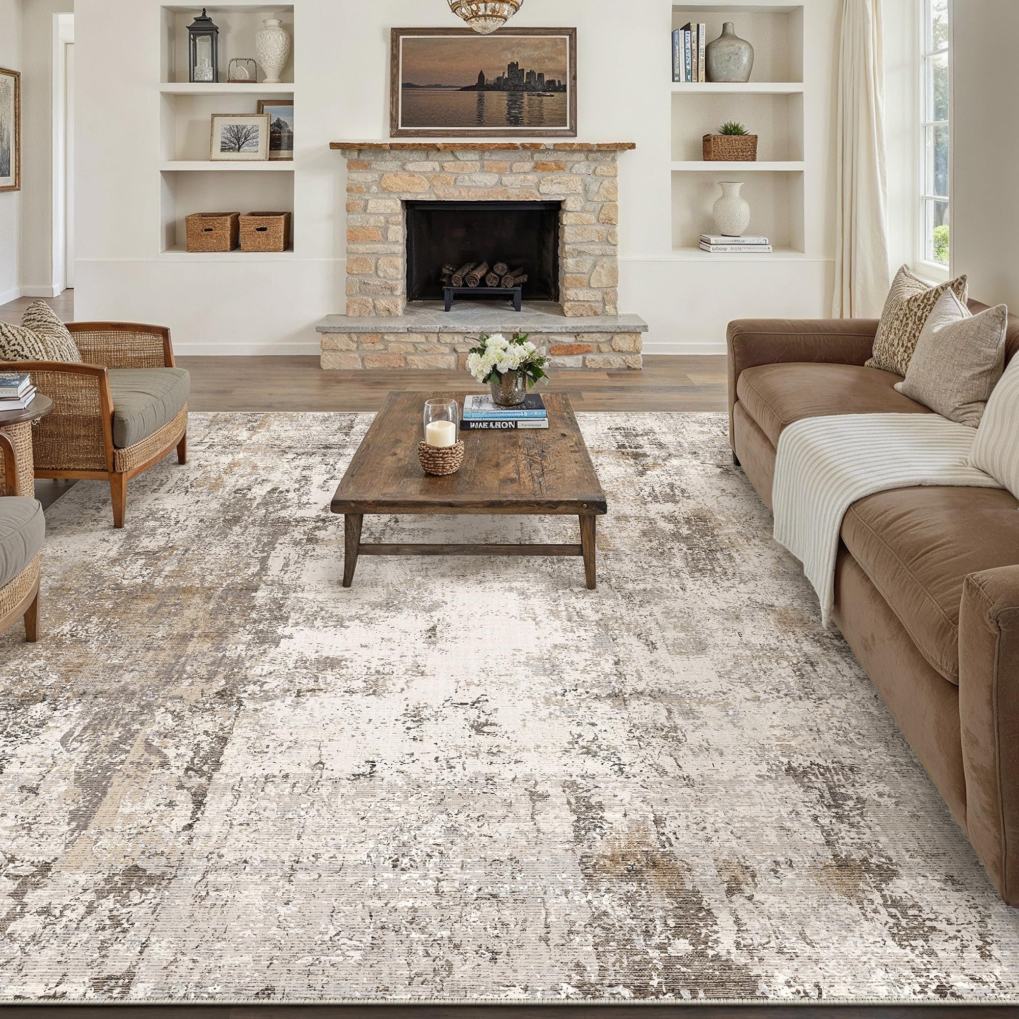 WondRg 10x12 Area Rug Brown Grey Abstract Living Room Bedroom Washable Carpet Neutral Modern Non Slip Soft Low Pile Indoor Large Throw Rug for Dining