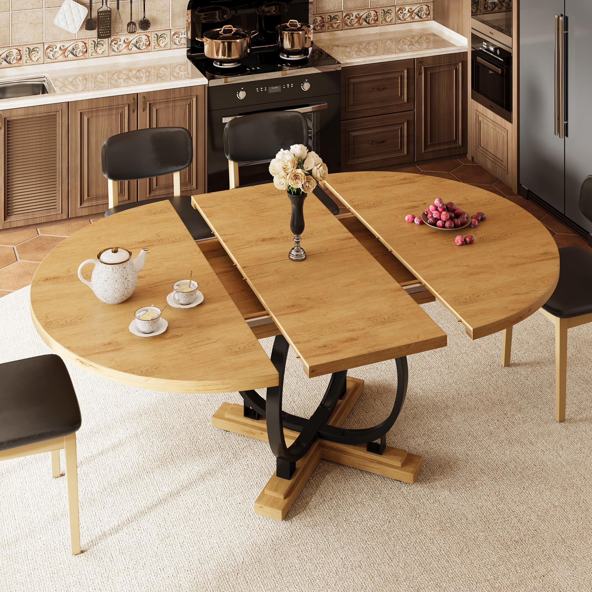 iPormis 59 Extendable Round Dining Table for 4 to 6 Kitchen Table with Sturdy X-Base Metal Legs MDF
