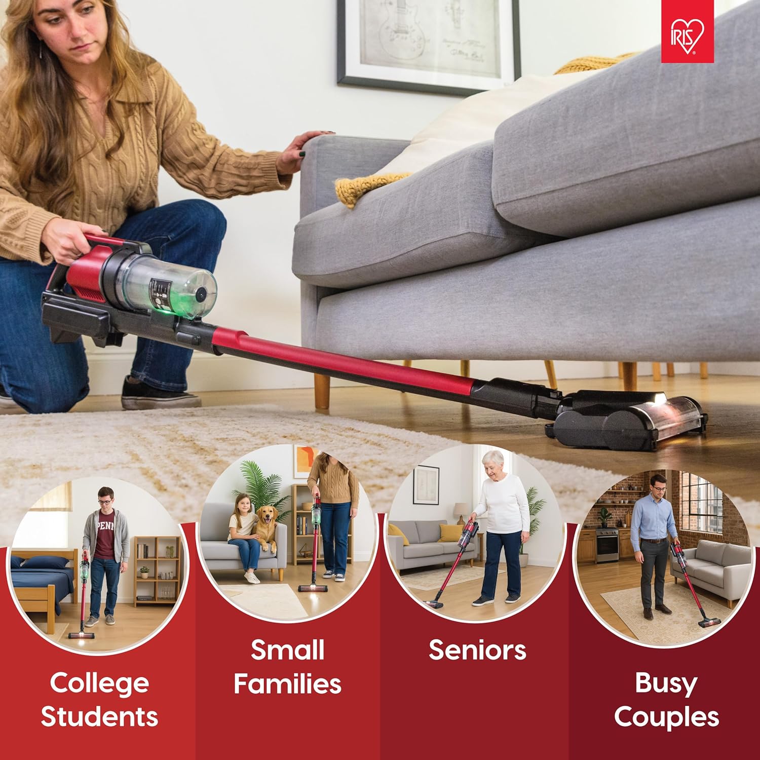 IRIS USA Cordless Stick Vacuum Cleaner, Lightweight & Rechargeable, 230W Suction, 50-Min Runtime, LED Dust Sensor, Fast Charging, Non-Slip Lean Support, for Carpet, Tile, Hard Floors – Black