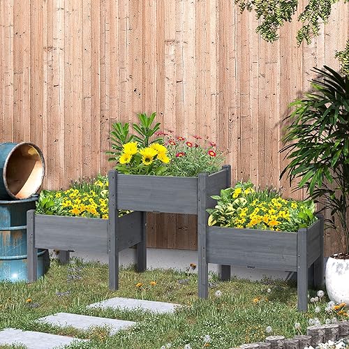 Miniatura 2 de Outsunny Cama de Jardín Elevada con 3 Jardineras, Soporte de Plantas de Madera con Orificios de Drenaje, para Verduras, Hierbas y Flores, Gris