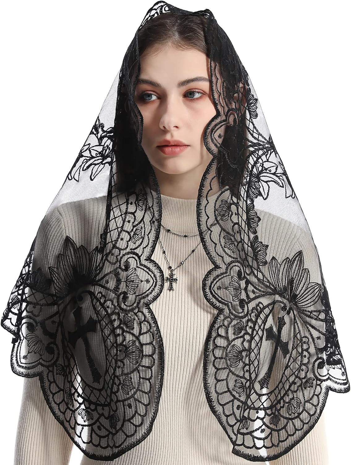 Bozidol Catholic Mantilla Mass Veil - Triangle Cross Embroidery Church Lace Veil Spanish Chapel Mass Head Covering with Clips
