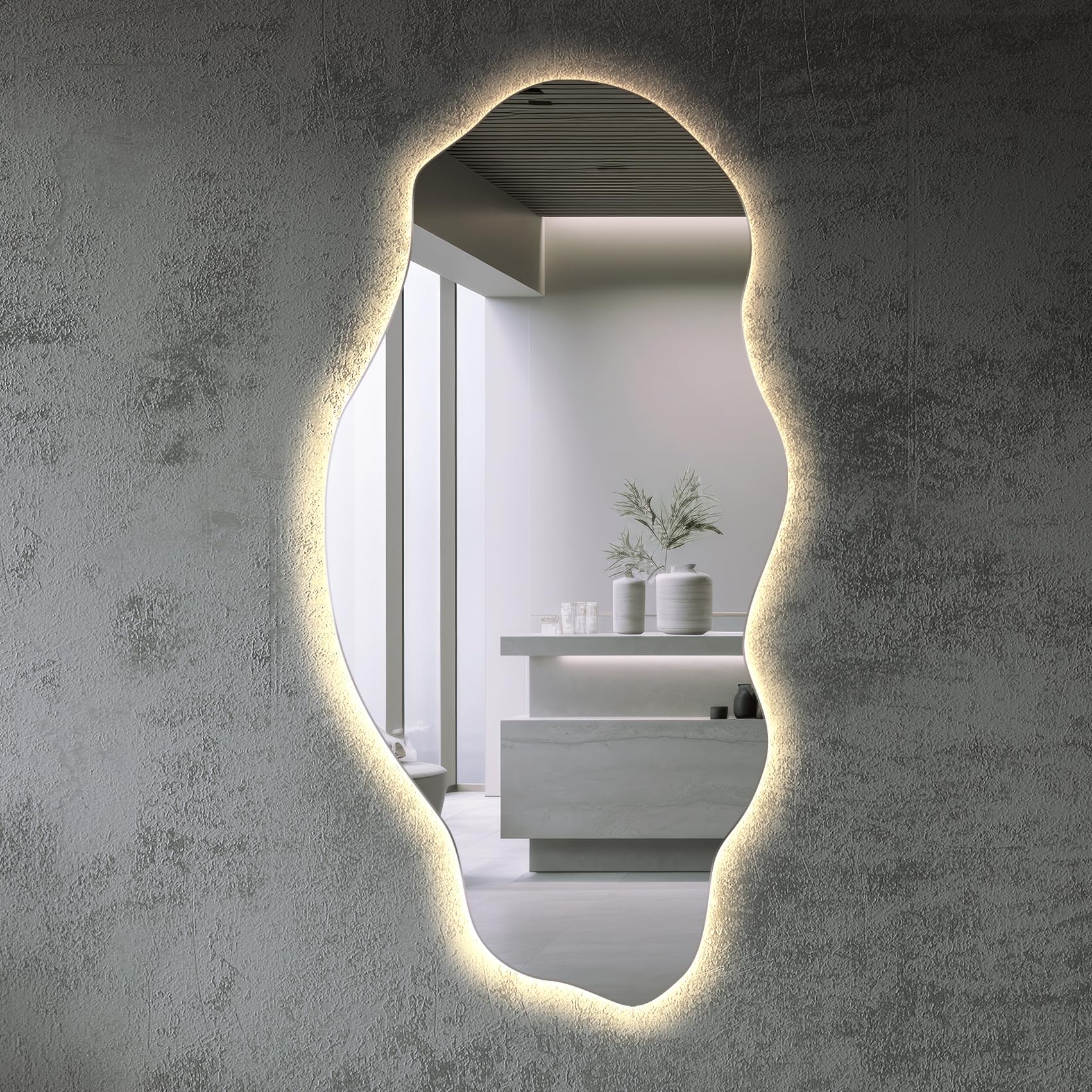 Tulup Specchio LED 50x100 cm Grande Moderno Irregolare Organico Asimmetrico Macchia per Bagno Soggiorno Verticale con illuminazione Luce neutra