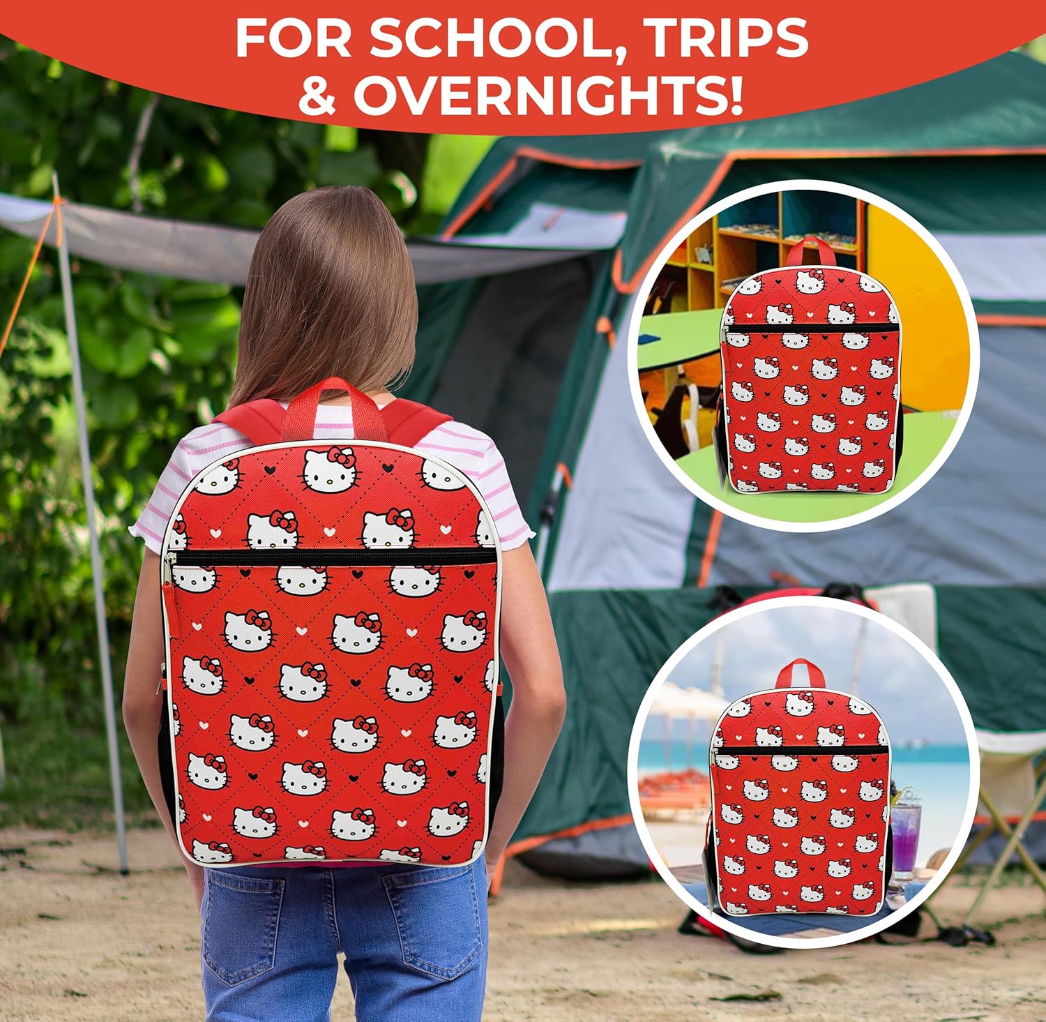 Hello Kitty Backpack for Girls 16 Inch Large School Backpack with Front Pocket, Water Bottle Holders, Adjustable Straps, Cute Red Bookbag for Kids, Back to School - Image 5