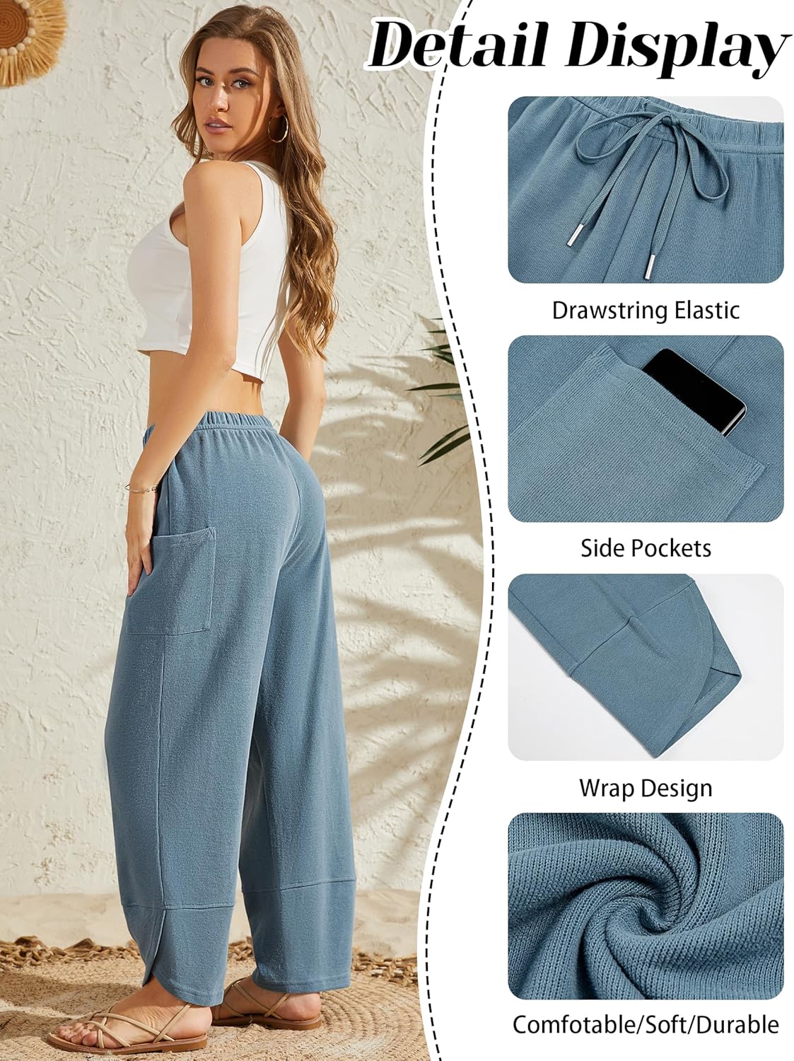 Bsubseach Wide Leg Pants Woman Elastic Waist Drawstring Palazzo Harem Pants Sweatpants with Pockets - Image 4