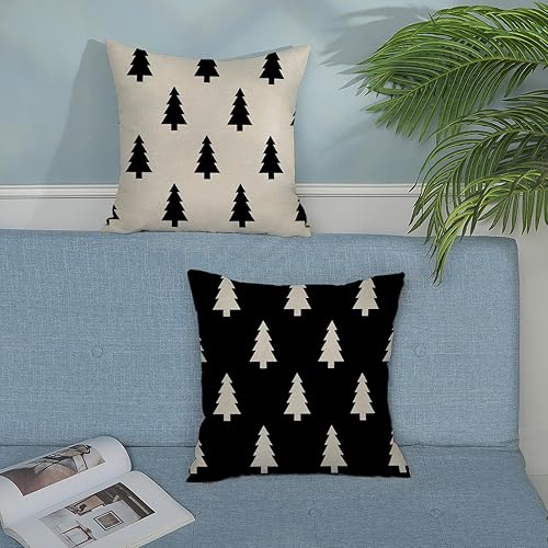 Miniatura 5 de Juego de 2 fundas de almohada de Navidad de 16 x 16 pulgadas, decoración de Navidad bohemia con árbol blanco y negro, decoración navideña geométrica
