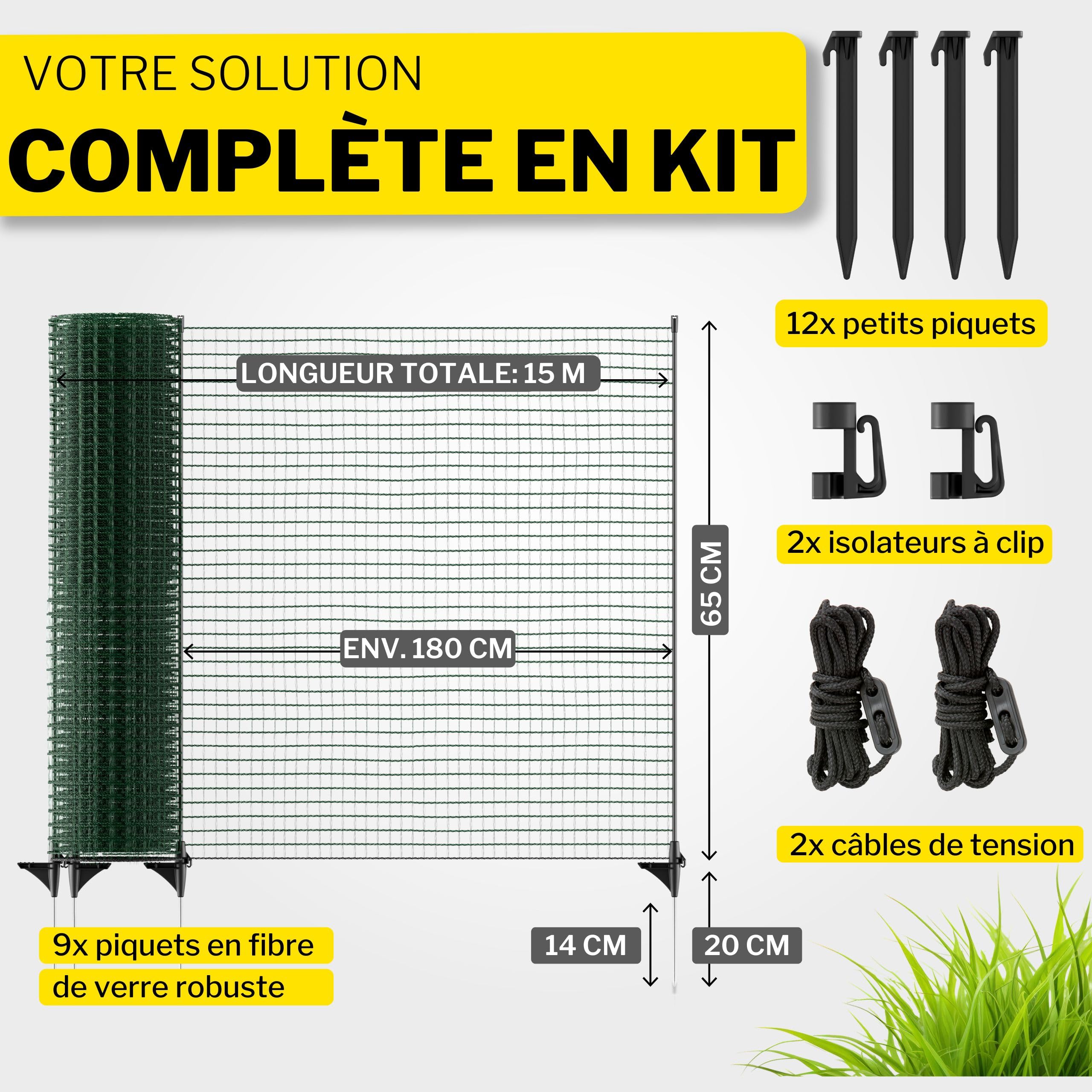 horizont clôture jardin FIX 15 m x 65 cm à mailles serrées avec 9 piquets - clôture chien, filet poule, barrière jardin, filet clôture chien, cloture jardin exterieur, clôture potager
