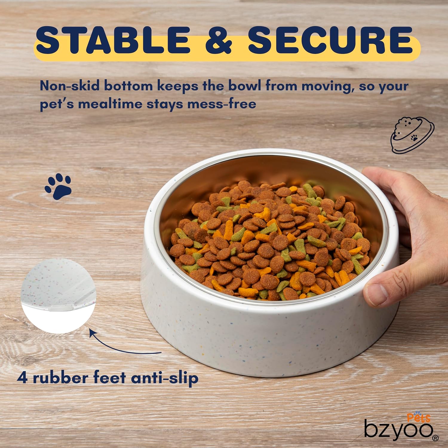 bzyoo 32oz 4CUP Dog & Cat Bowl, Sprinkle Design, Hygienic 304 Stainless Steel Pet Bowl with Removable Inner Bowl, Non-Slip Silicone Base, Dishwasher Safe, for Dry/Wet/Raw Food & Water (White)