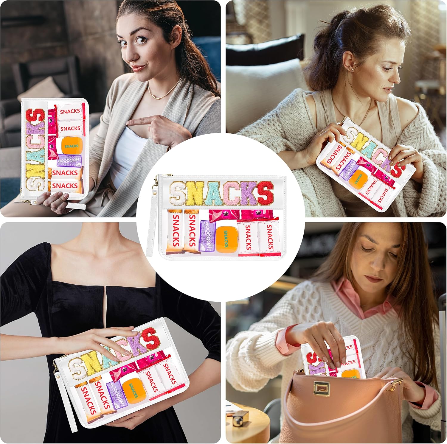 Clear Zipper Pouch PVC Waterproof Nylon Makeup Letter Bag for Women Girls Chenille Letter, for Travel, Cosmetic Bag, Snack Bags, Clear Stuff Bags, For Travel,（White-Snacks）