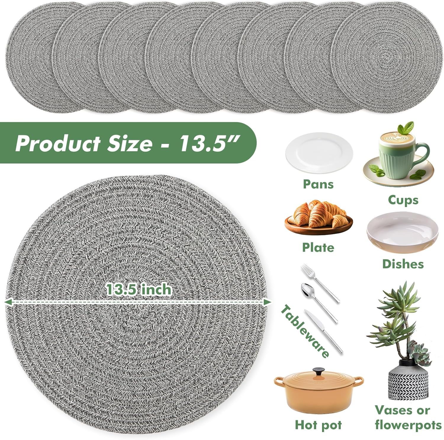 8 Pack Round Woven Placemats 13.5 Inches Heat Resistant Placemats Farmhouse Cotton Rope Braided Place Mats for Dining Tables Trivets for Hot Dishes, Light Grey