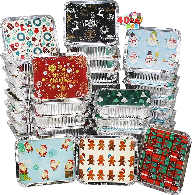 JOYIN 40 Pieces Christmas Foil Trays Containers with Lid, 8 Holiday Designs, Disposable Aluminum Cake Pans, Christmas Bakeware Pans for Cooking, Roasting, Baking, Freezing and Storing, 7"x5.5"x2"