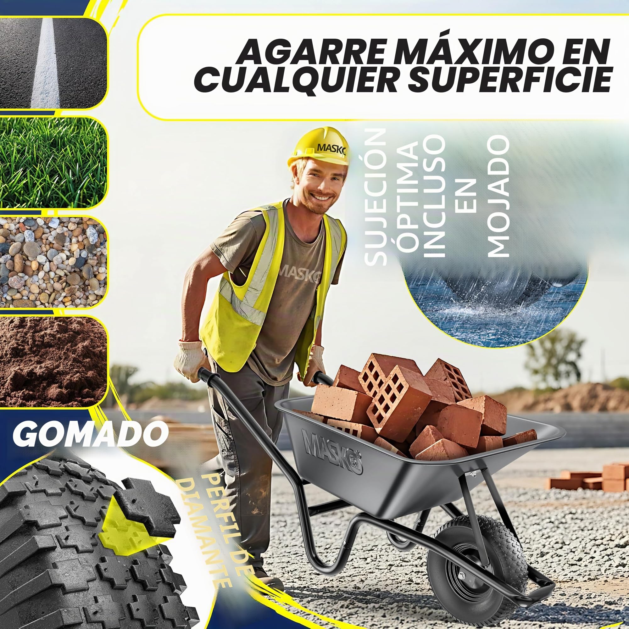 MASKO Carretilla de construcción, carretilla de jardín, 100 litros, 250 kg, neumáticos de aire con llanta de acero + manguera de repuesto para carretilla, marco de acero galvanizado, carretilla de