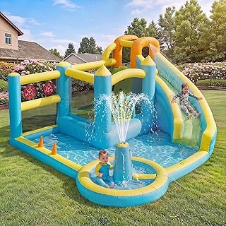 Hüpfburg Outdoor mit Wasserrutsche, Wasserpark Kinder Outdoor mit 450W Gebläse, Wasserhüpfburg mit Springbrunnen, Planschbecken, für 3 Kinder, Oxford-Stoff, 430 x 390 x 210cm