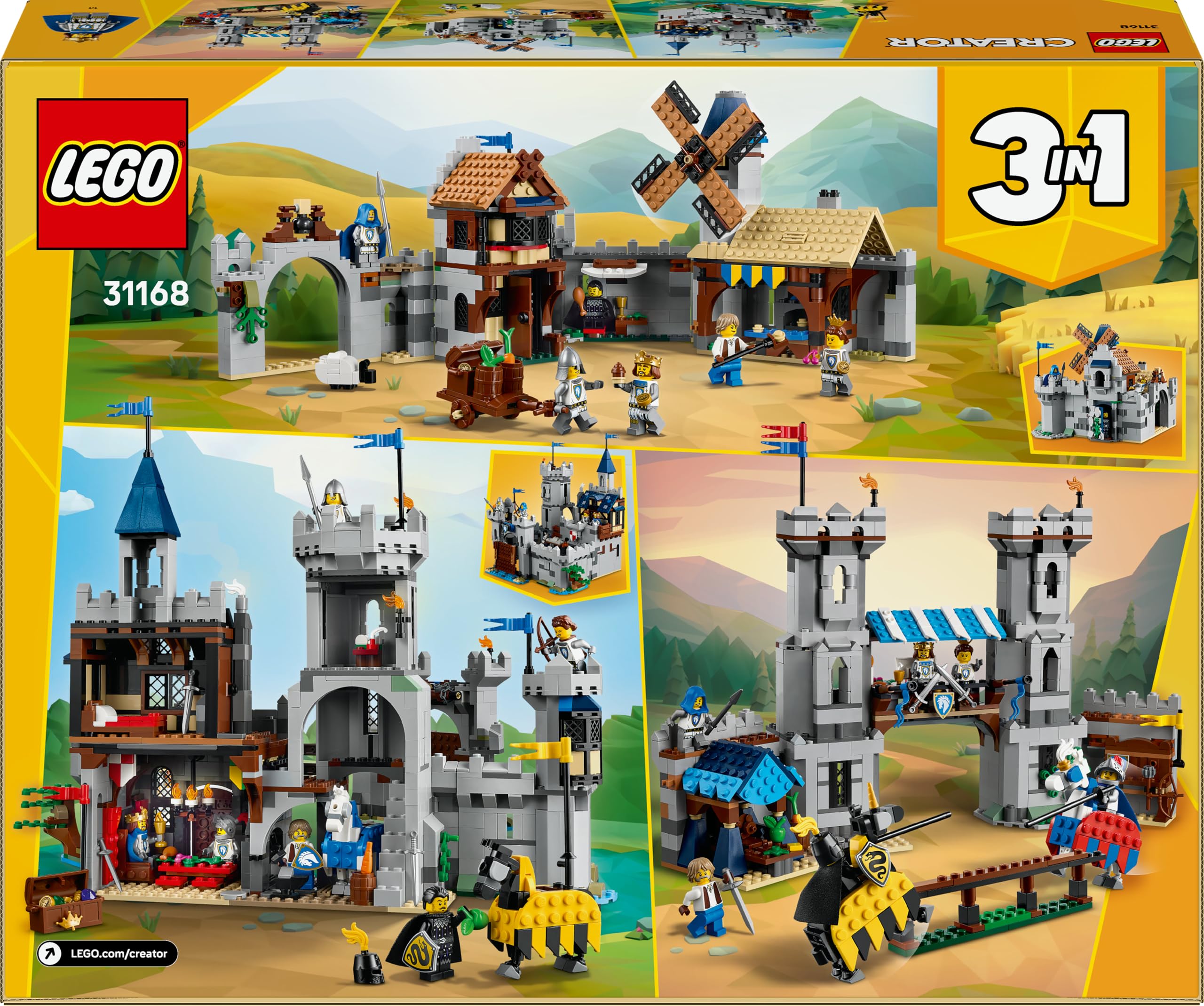 LEGO Creator Ritterburg im Mittelalter - 3-in-1-Bauset - Spielzeug Ritterburg - Umwandelbar in Ritterturnier-Szene oder Stadt - 6 Minifiguren - Geschenk für Jungen und Mädchen ab 9 Jahren 31168