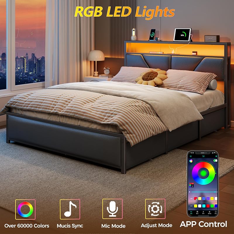 OURPIC Queen Bed Frame with Storage Headboard, 6 Drawers, LED & Charging image 3
