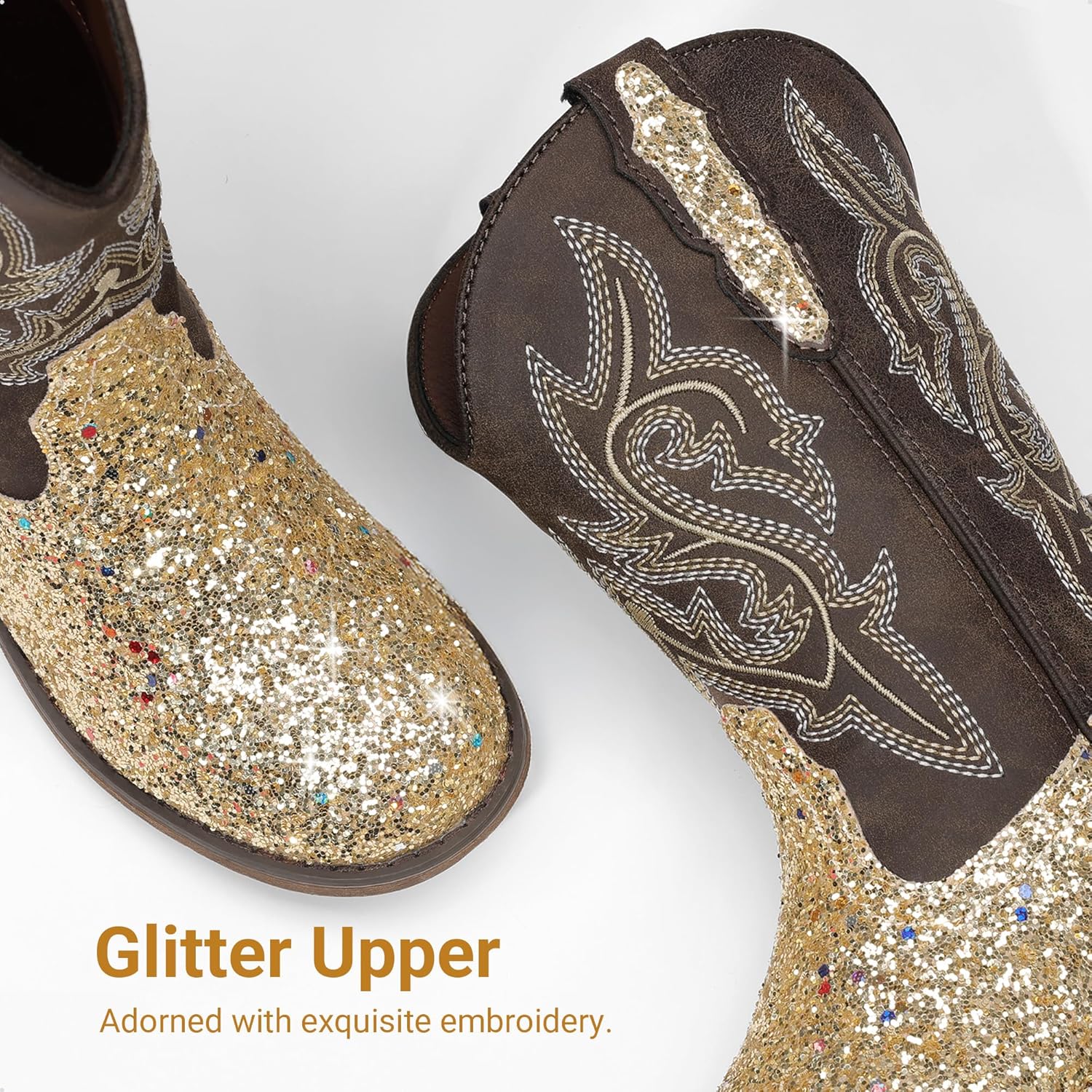 DREAM PAIRS Girls Cowgirl Boots Glitter Toddler Cowboy Boots Child Mid Calf Riding Shoes Party Birthday Dress Up for Toddler/Little/Big Kid