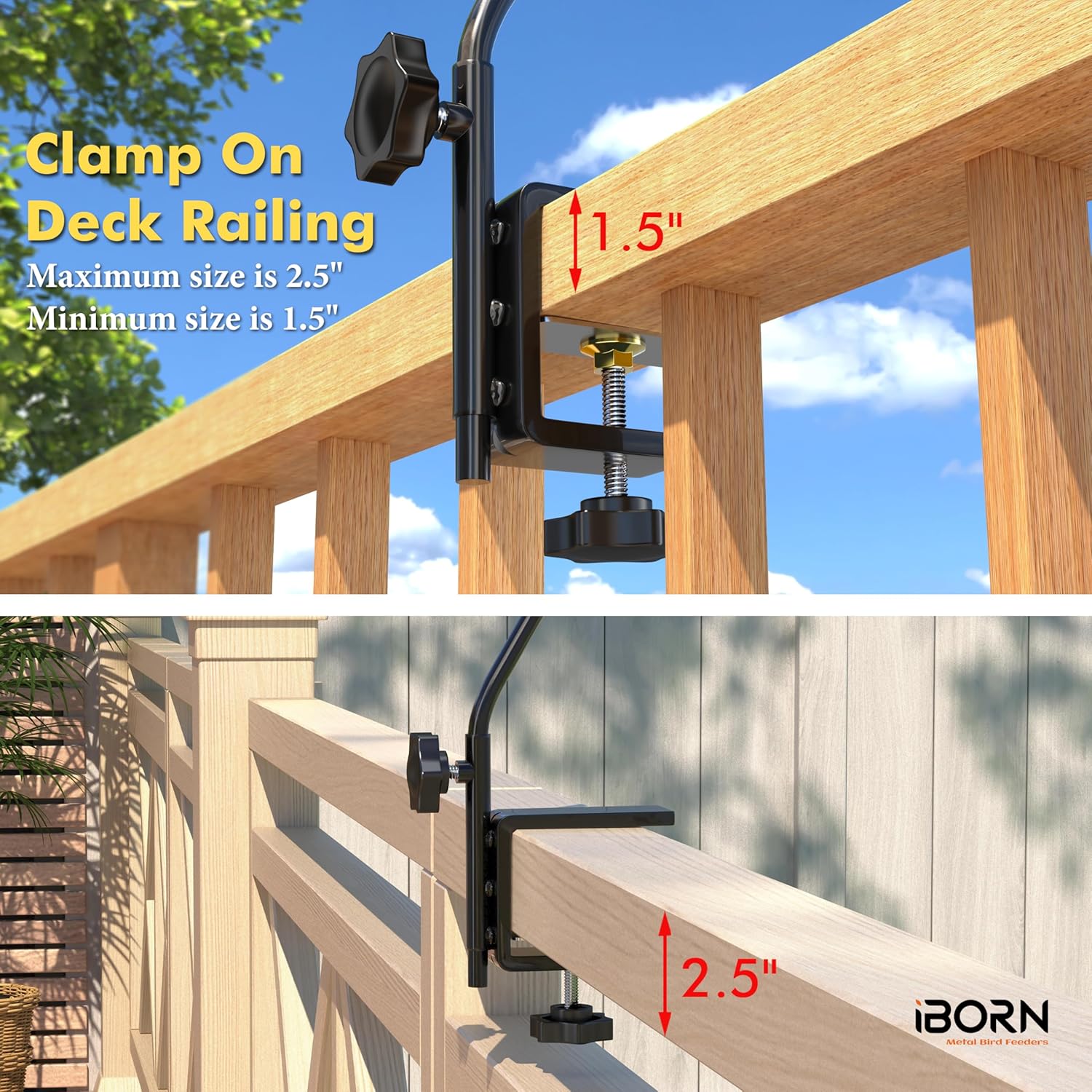 iBorn Deck Hook for Bird Feeder, Hummingbird Feeder Hanger for Deck Railing, Heavy Duty Deck Hanger for Outdoors Hanging, 360° Rotatable Arm, Solid Wire, 28 Inch, Pack of 2
