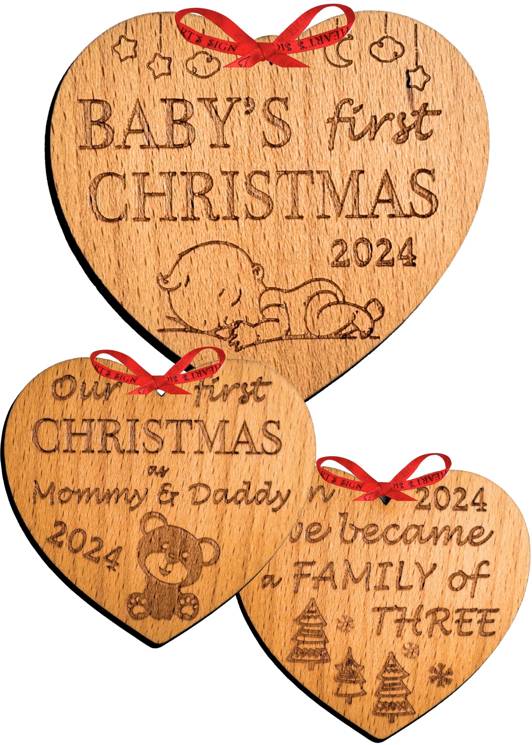 Heart's SignBaby's First Christmas Bauble 2024 - Set of 3 (Heart-Shaped) | Our First Christmas as Mum & Dad - Family Bauble | My First Christmas 2024 Bauble