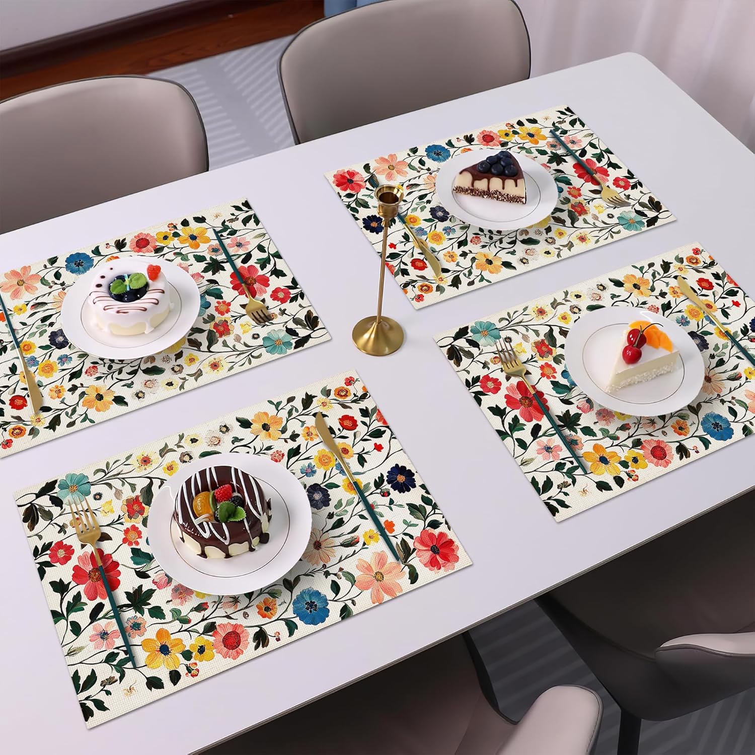 Flower Placemats Set of 6, 12x18 Inch Colorful Floral Table Place Mat Farmhouse Washable Non-Slip Heat Resistant Fabric Placement Mats for Dining Kitchen Indoor Outdoor Decor
