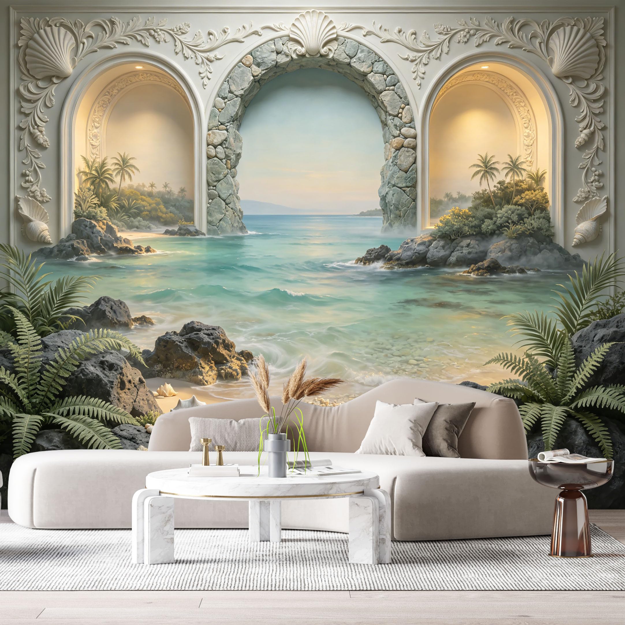 Custom Size Wall Murals Coastal Ocean Marine Tropical Palm Stone Arch 3D Trompe L'Oeil SelfAdhesiveWall Fabric Removable Wallpaper Wall Decor for Living Room Bedroom Bathroom