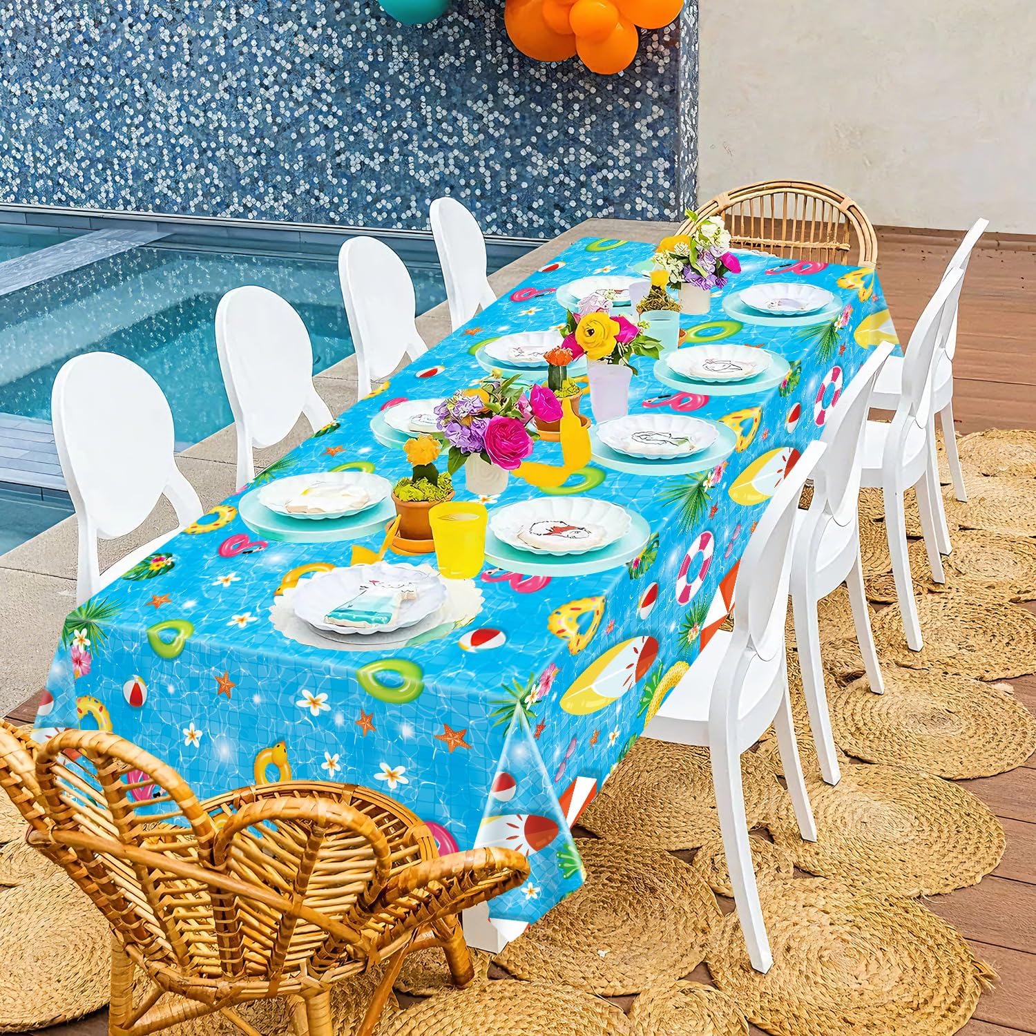 4Pcs Pool Party Tablecloth Tropical Hawaiian Tablecloth Beach Tablecloths Swimming Plastic Table Cover Pool Party Decorations Hawaii Holiday Supplies Beach Theme Birthday Decorations 86 x 51 Inch