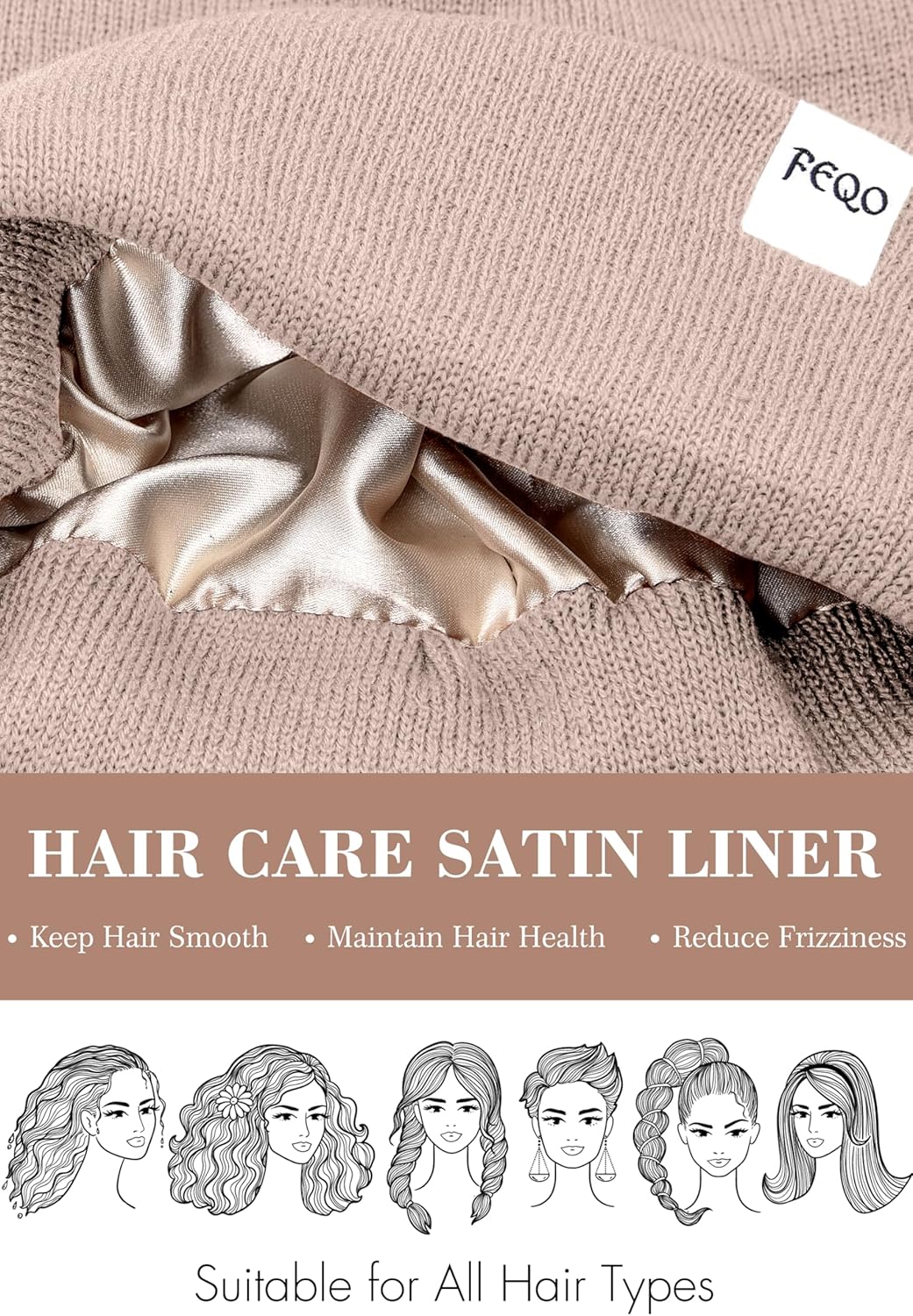 FEQO 6 Pack Satin Lined Beanie Soft Silk Lined Beanies Knit Winter Warm Cuffed Hats for Women Men - Image 2